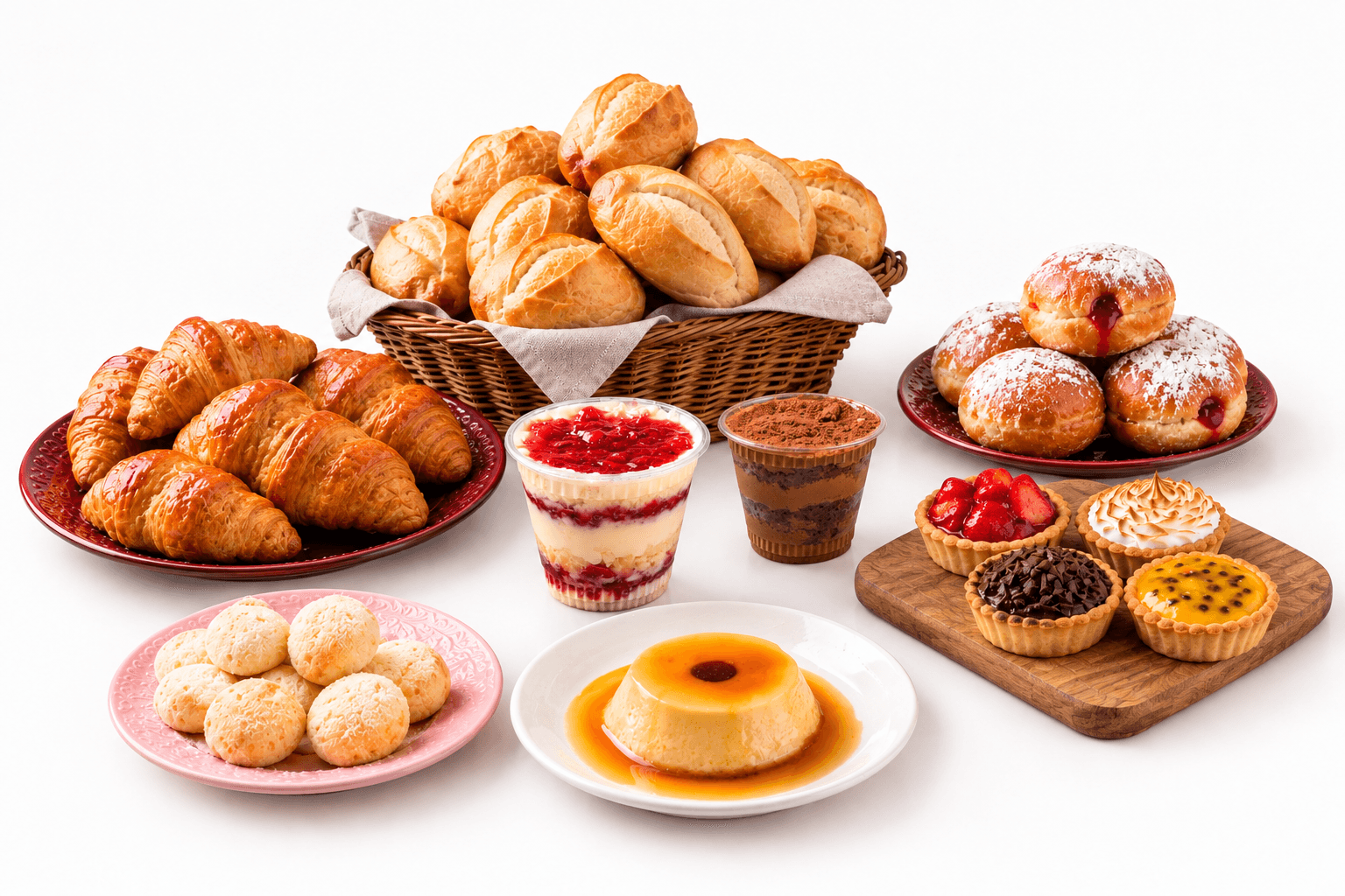 A fornada da Santa Janela: cesta de pão francês, croissants, pães de queijo, sonhos, tortinhas, pudim e copos de sobremesa.